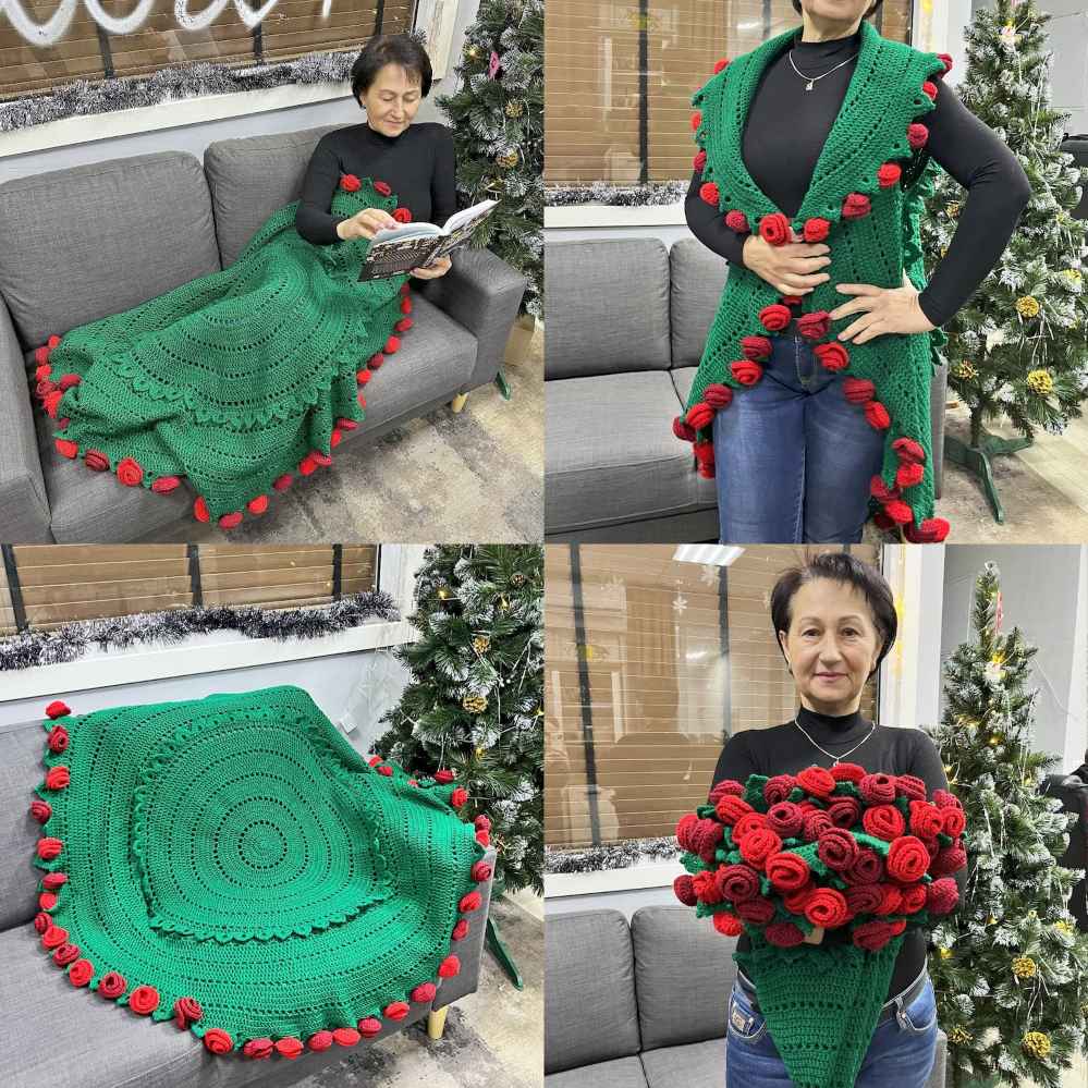 3-in-1 Rose Bouquet: Blanket, Cardigan & Decor